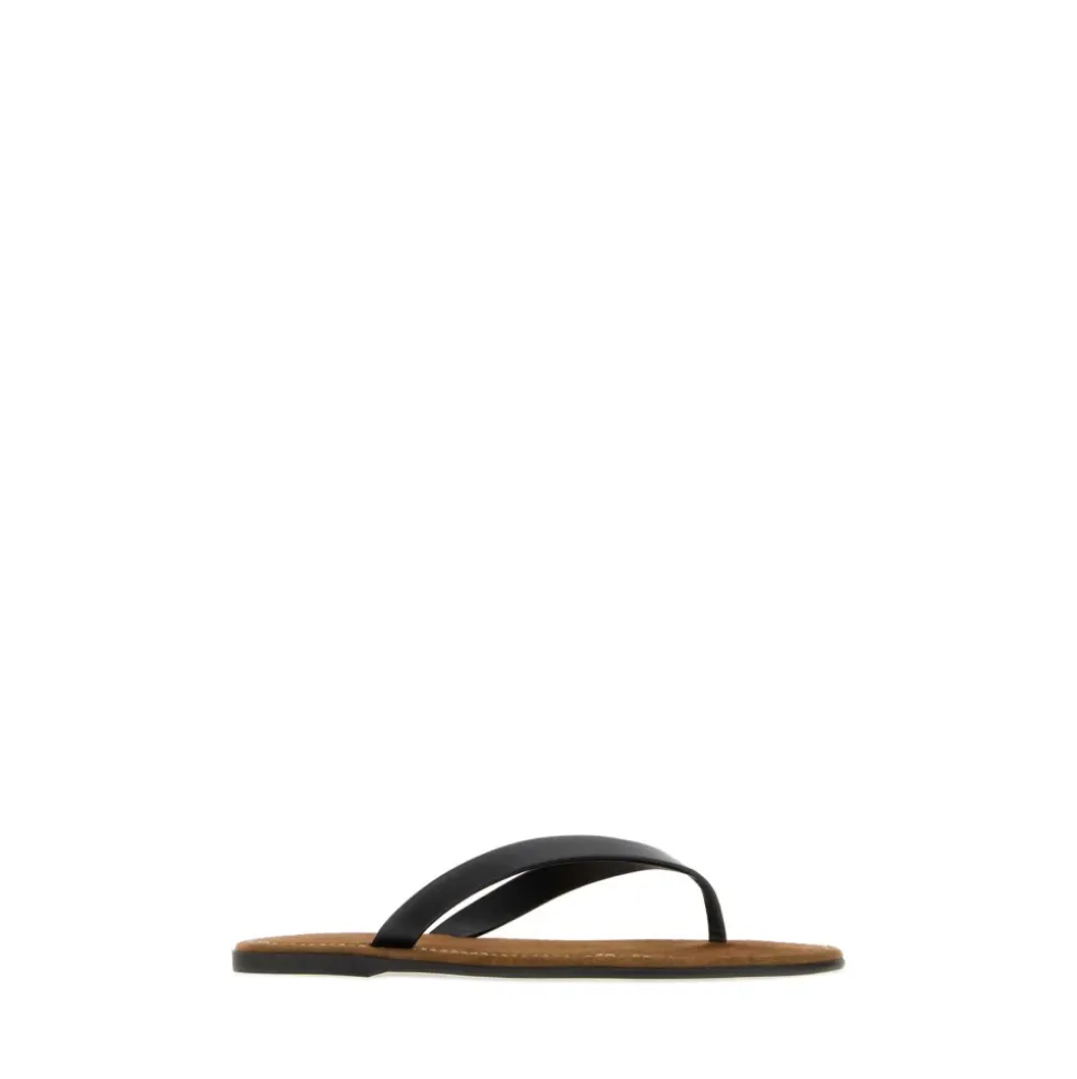 BLACK LEATHER BEACH THONG SLIPPERS