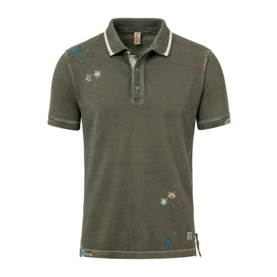 BOB polo manga corta verde militar con bordados airbrush dyed