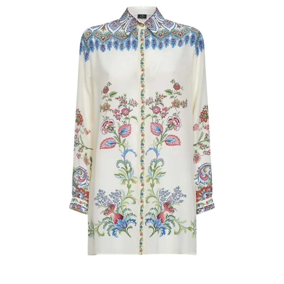 Camisa Larga de Seda con Estampado Floral Colocado