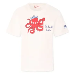 Camiseta de Algodón Blanca con Estampado de Pulpo
