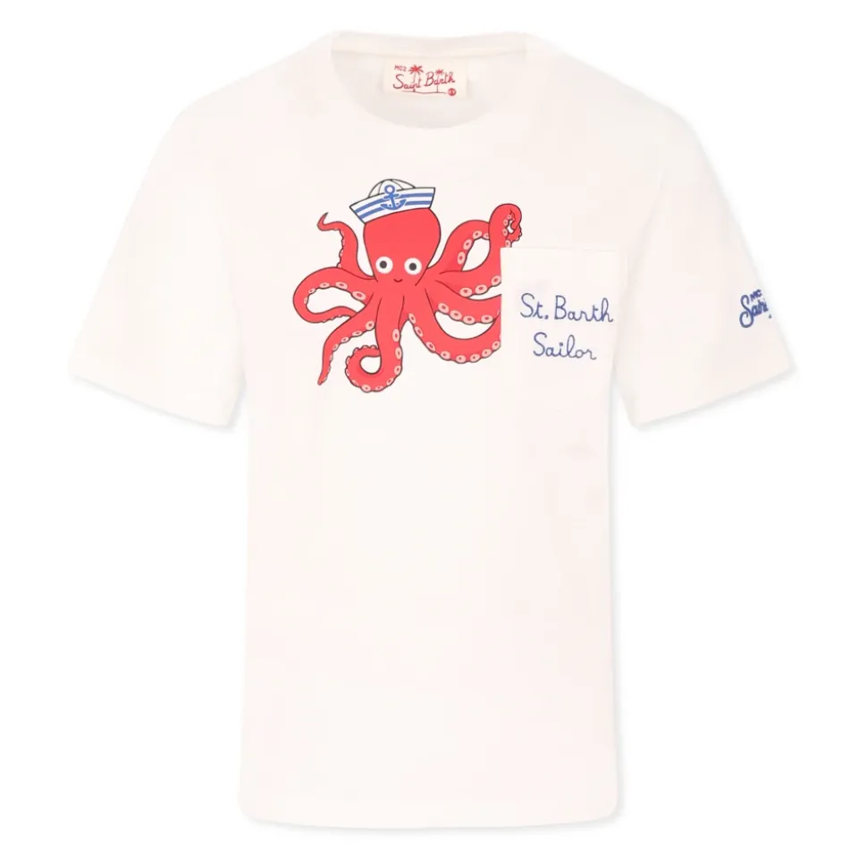 Camiseta de Algodón Blanca con Estampado de Pulpo