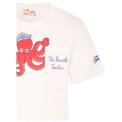 Camiseta de Algodón Blanca con Estampado de Pulpo