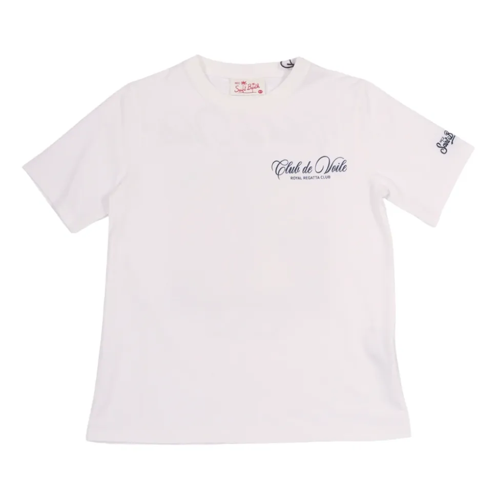 Camiseta de algodón con estampado y bordado delantero y trasero