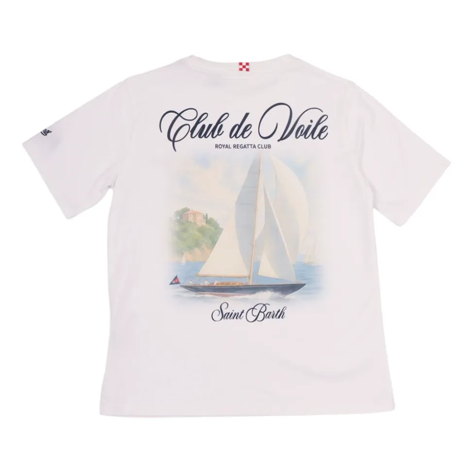 Camiseta de algodón con estampado y bordado delantero y trasero