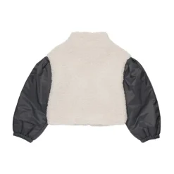 Chaqueta de Piel Sintética Beige con Cremallera Blanca