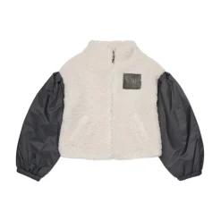 Chaqueta de Piel Sintética Beige con Cremallera Blanca