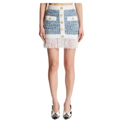 Falda de tweed denim con flecos