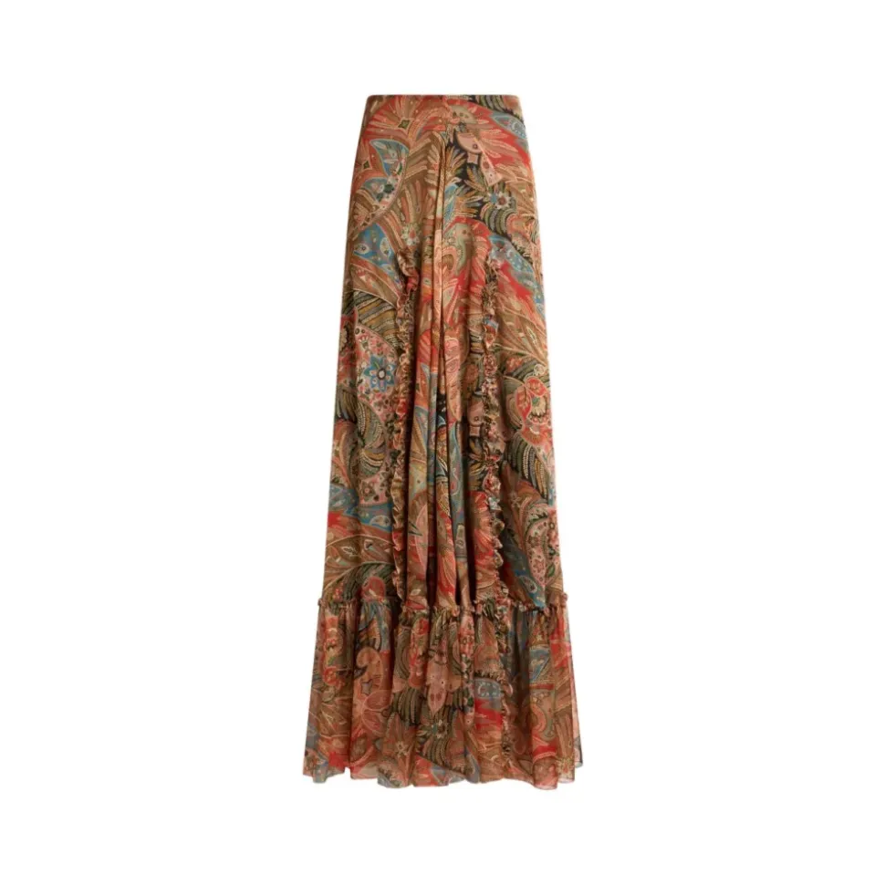 Falda Maxi de Seda con Estampado Paisley y Volantes