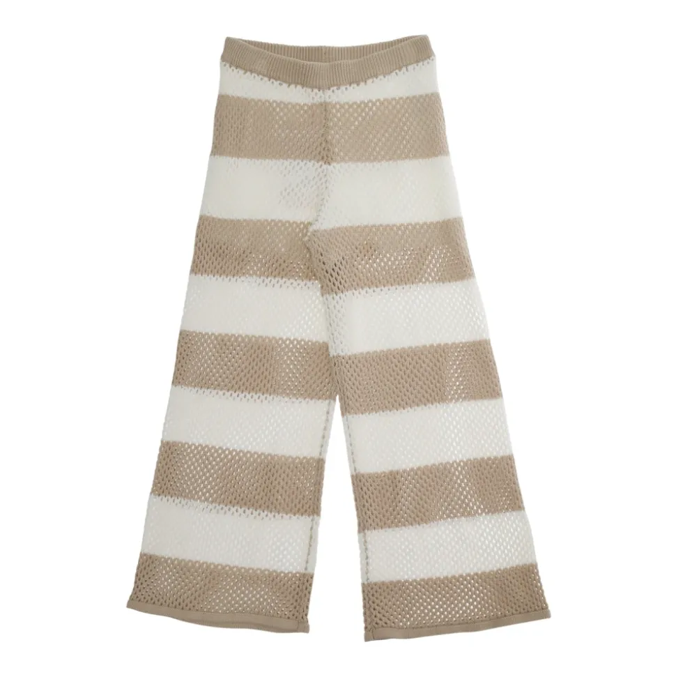 Pantalones beige a rayas de algodón con diseño perforado