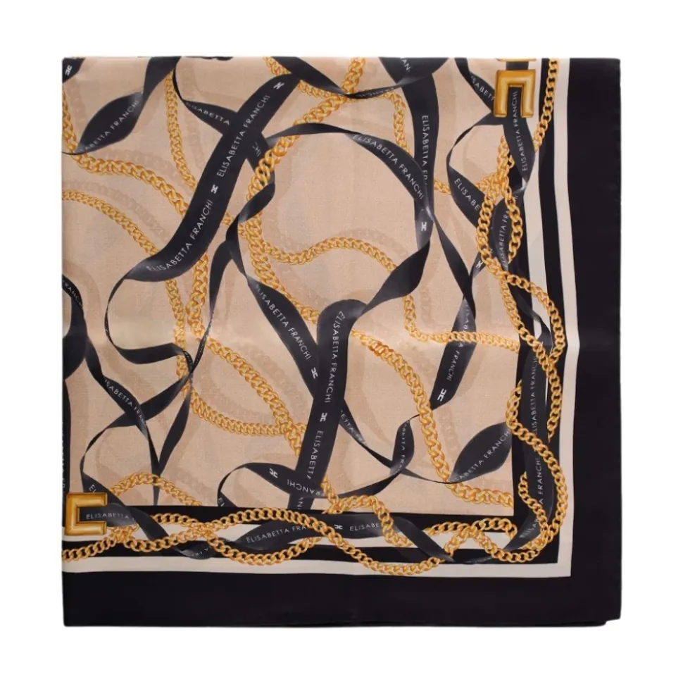 Pañuelo Foulard de Seda Twill con Estampado de Cadenas y Cintas