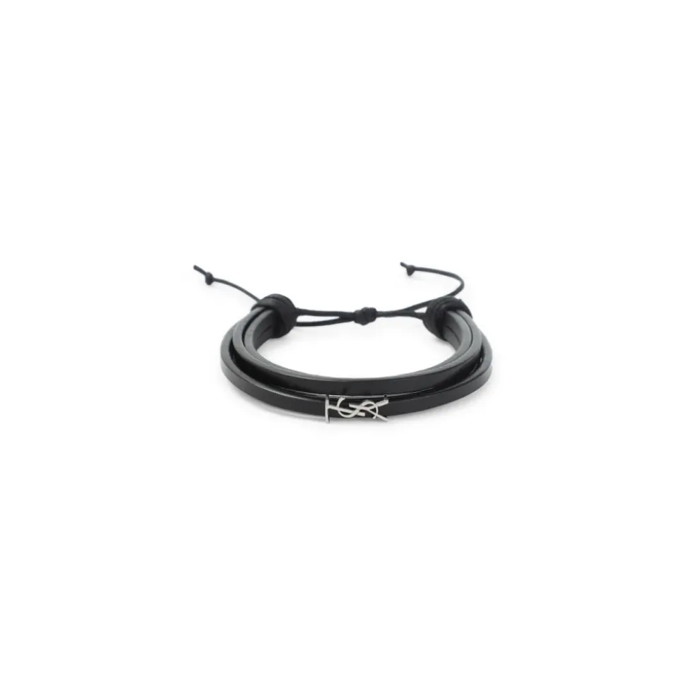 Pulsera de cuero negro con logo Cassandre