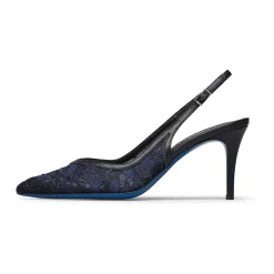 Slingback en encaje azul marino y napa