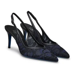 Slingback en encaje azul marino y napa