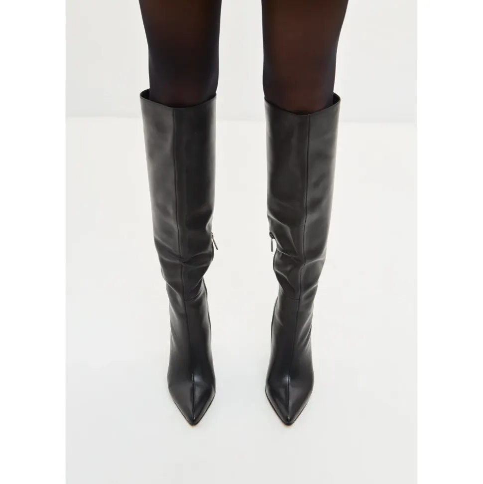 Timeless Black Leather Knee-High Boots - Sleek High Heel Footwear - Black