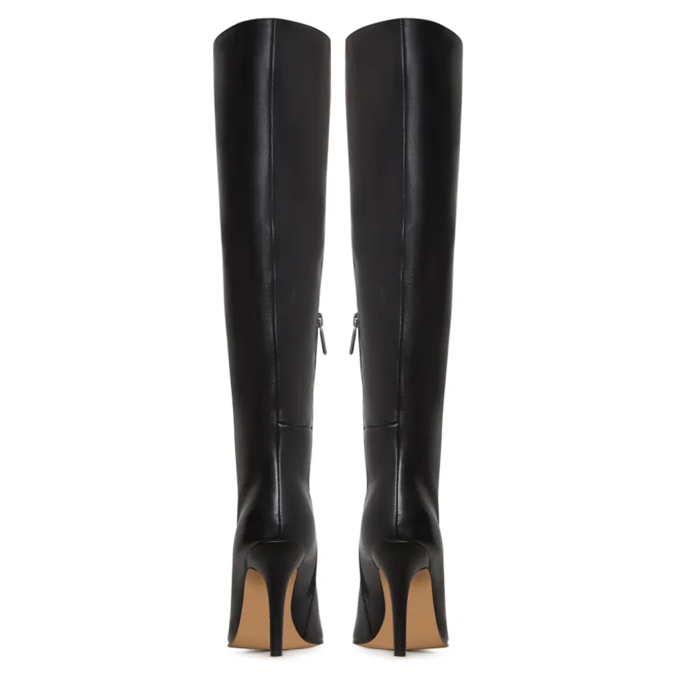 Timeless Black Leather Knee-High Boots - Sleek High Heel Footwear - Black