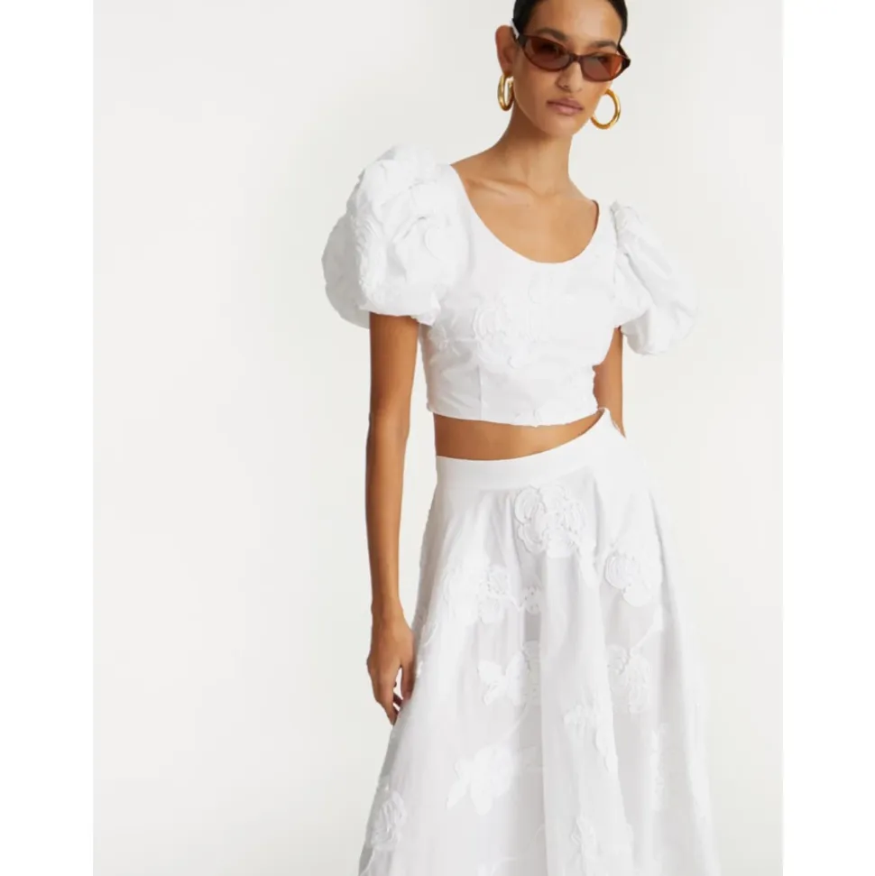 Top Blanco de Algodón con Mangas Abullonadas y Bordados