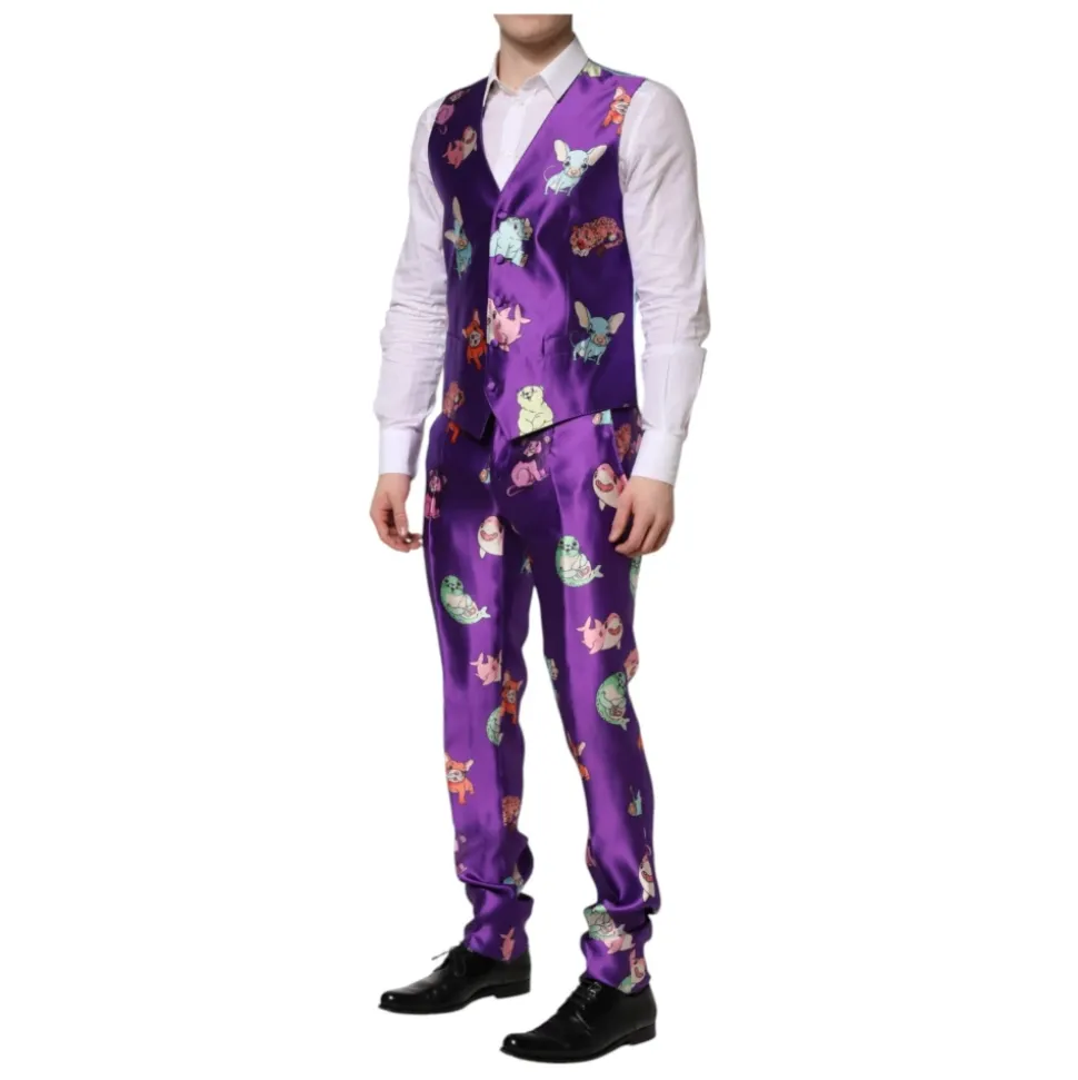 Traje de seda morado con estampado animal 3 piezas