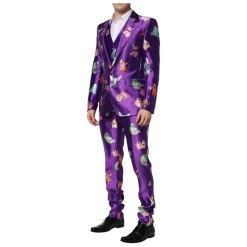 Traje de seda morado con estampado animal 3 piezas