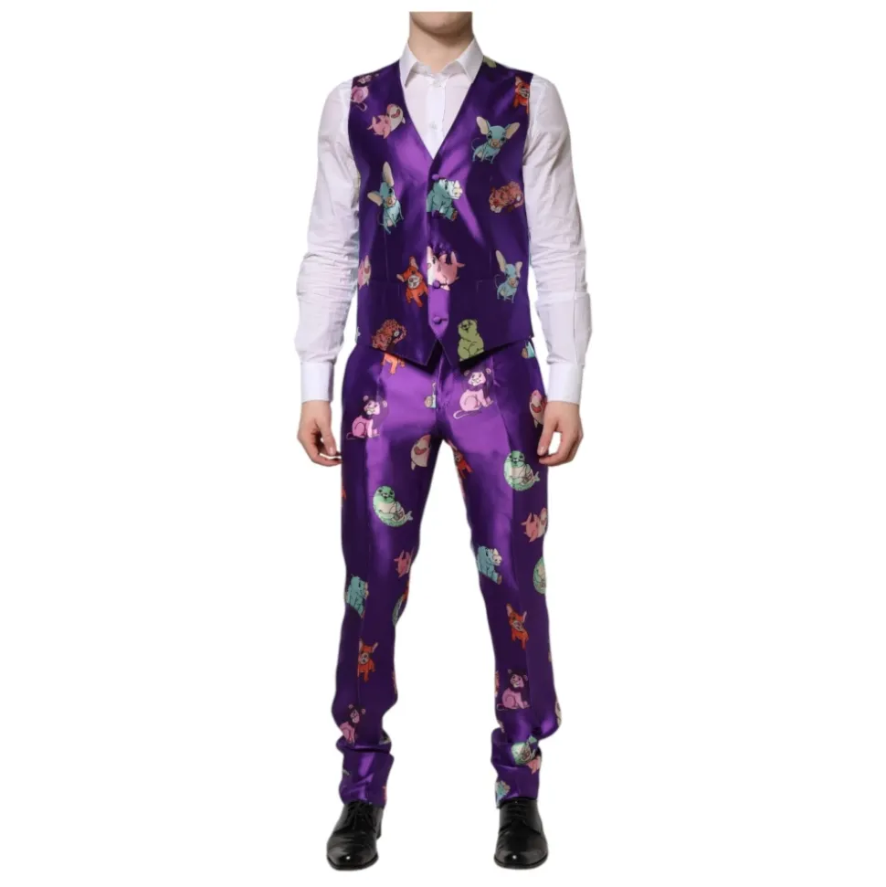 Traje de seda morado con estampado animal 3 piezas