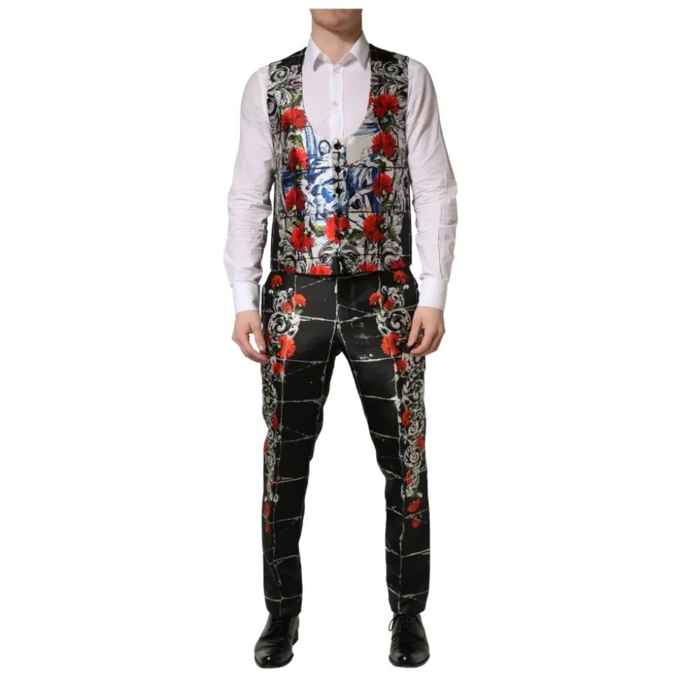Traje formal de 3 piezas Negro Floral con 2 botones