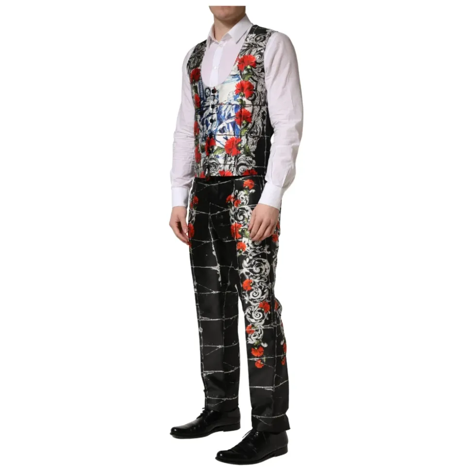 Traje formal de 3 piezas Negro Floral con 2 botones