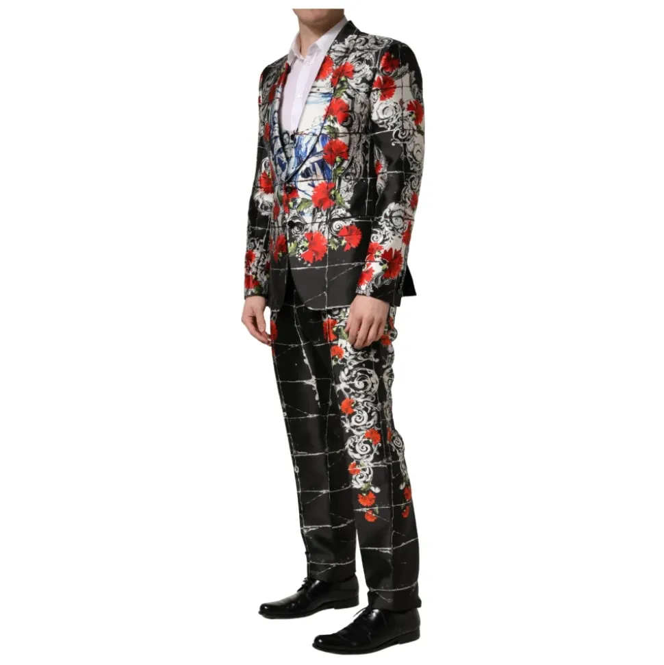 Traje formal de 3 piezas Negro Floral con 2 botones