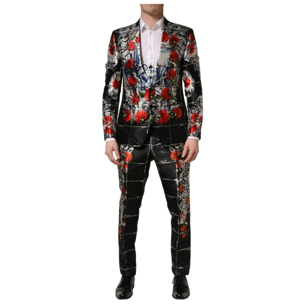 Traje formal de 3 piezas Negro Floral con 2 botones