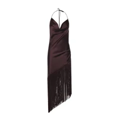 Vestido Asimétrico de Satén con Flecos