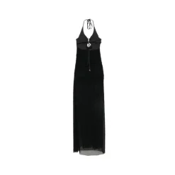 Vestido Largo con Escote Halter y Abertura Fruncido