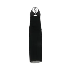 Vestido Largo con Escote Halter y Abertura Fruncido