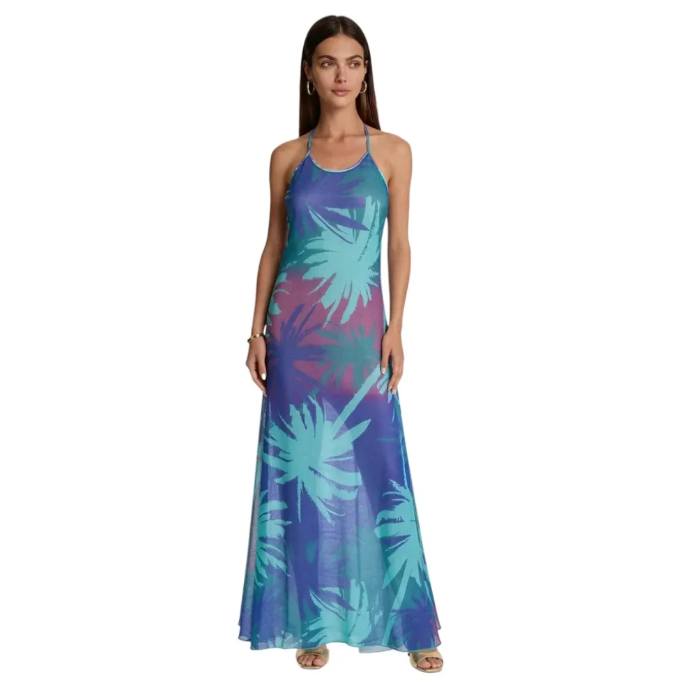 Vestido Largo con Espalda Descubierta y Estampado Tropical