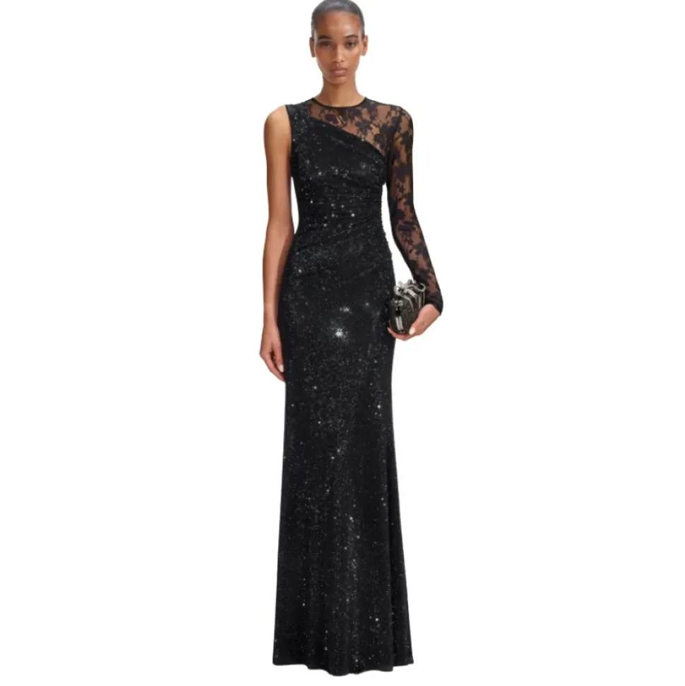 Vestido Largo de Malla y Encaje con Pedrería