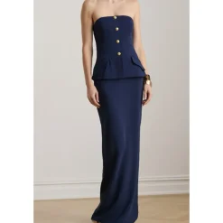 Vestido largo de satén elástico con strapless y botones