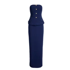 Vestido largo de satén elástico con strapless y botones