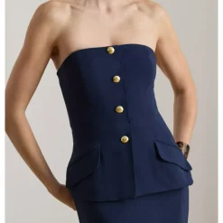 Vestido largo de satén elástico con strapless y botones